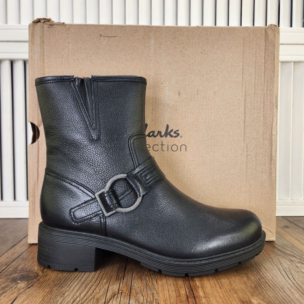 Clarks Hearth Cross Mid Calf Boots Womens Sz 7 M Black Leather Biker Moto Heeled